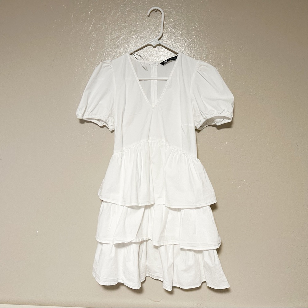 Zara White Poplin Tiered Dress XS